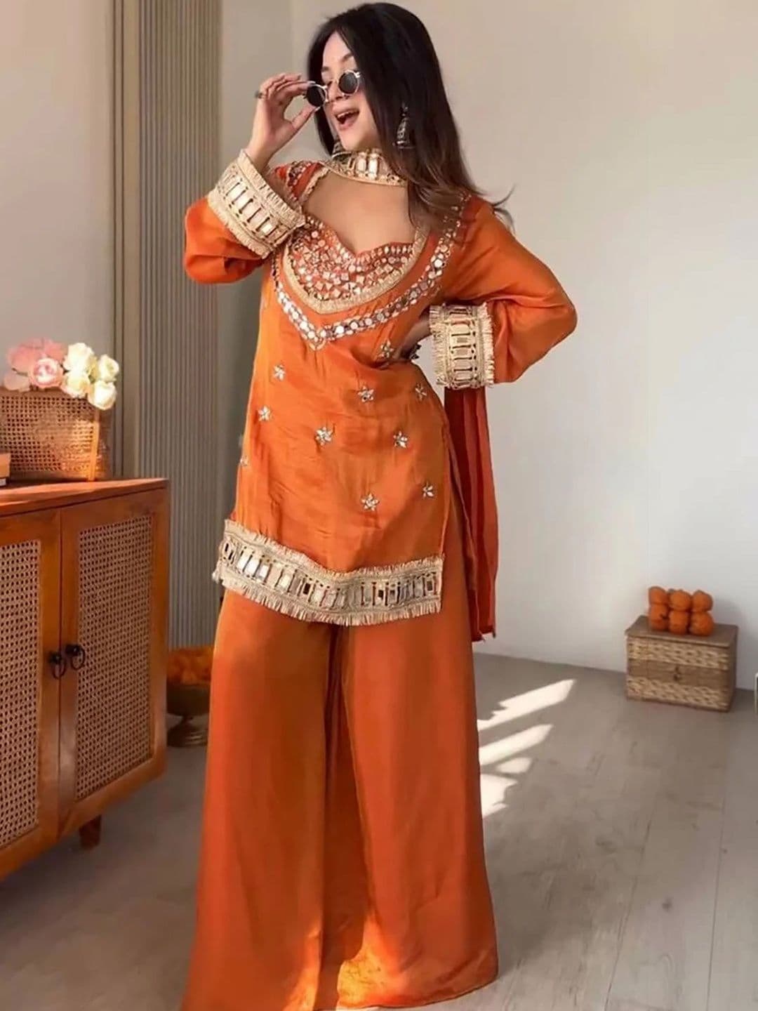 Moda Rapido Women Ethnic Motifs Embroidered Regular Mirror Work Pure Silk Kurta with Palazzos & With Dupatta - view 1