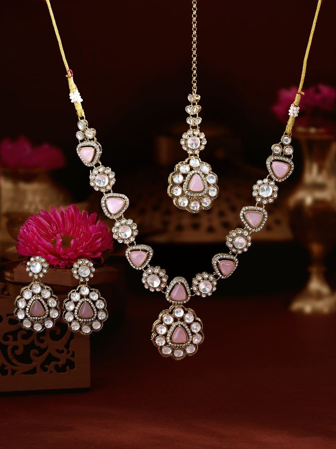 Zaveri Pearls Gold-Plated Antique Stone-Studded Maang Tika and Earrings - view 1