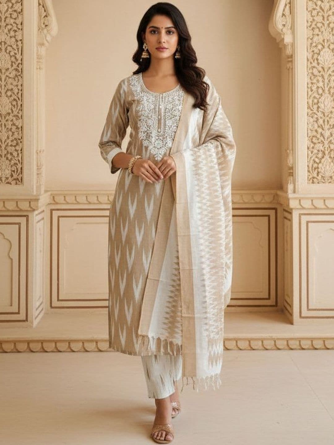 House of Pataudi Embroidered Pure Cotton Round Neck Kurta & Trousers With Dupatta - view 1