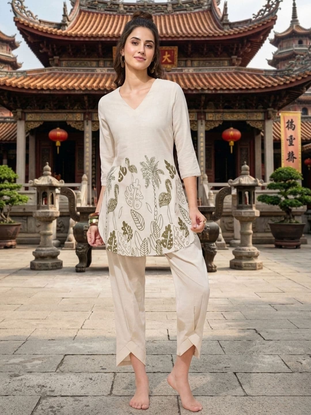 KALINI Floral Printed V-Neck Pure cotton Tunic With Trousers Co-Ords - view 1