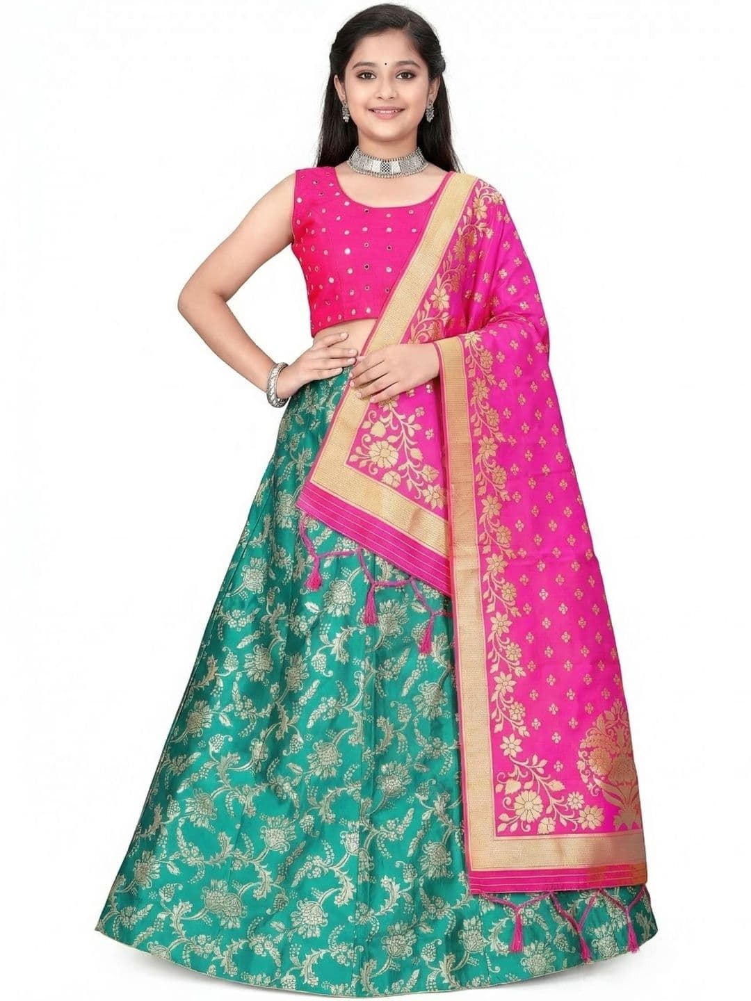 SHAVIDR ENTERPRISE Girls Mirror Work Block Print Semi-Stitched Lehenga & Blouse - view 1