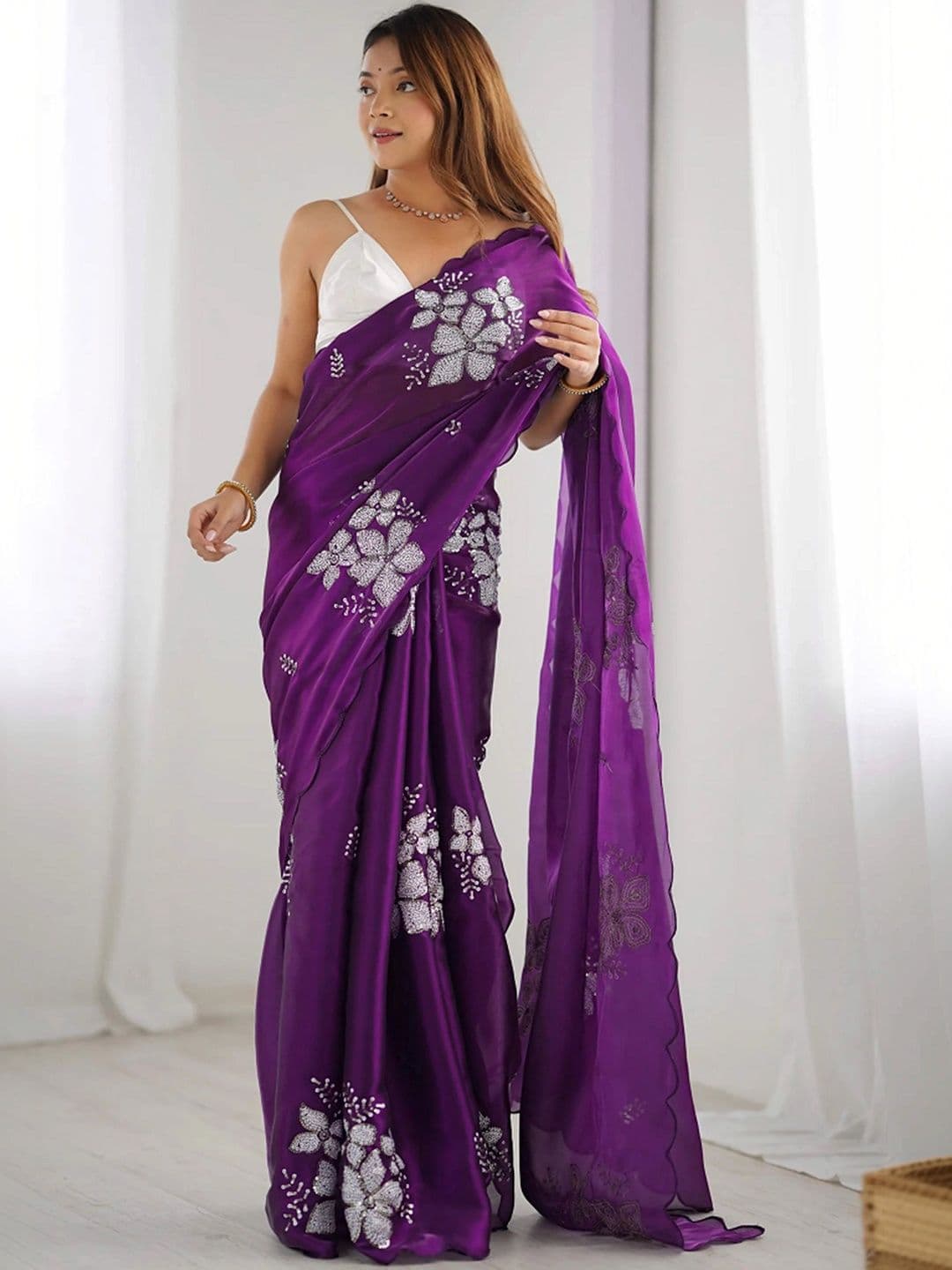 Moda Rapido Floral Sequinned Satin Saree - view 1