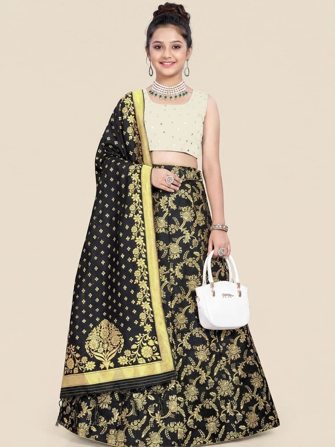 SHAVIDR ENTERPRISE Girls Mirror Work Block Print Semi-Stitched Lehenga & Blouse With Dupatta - view 1