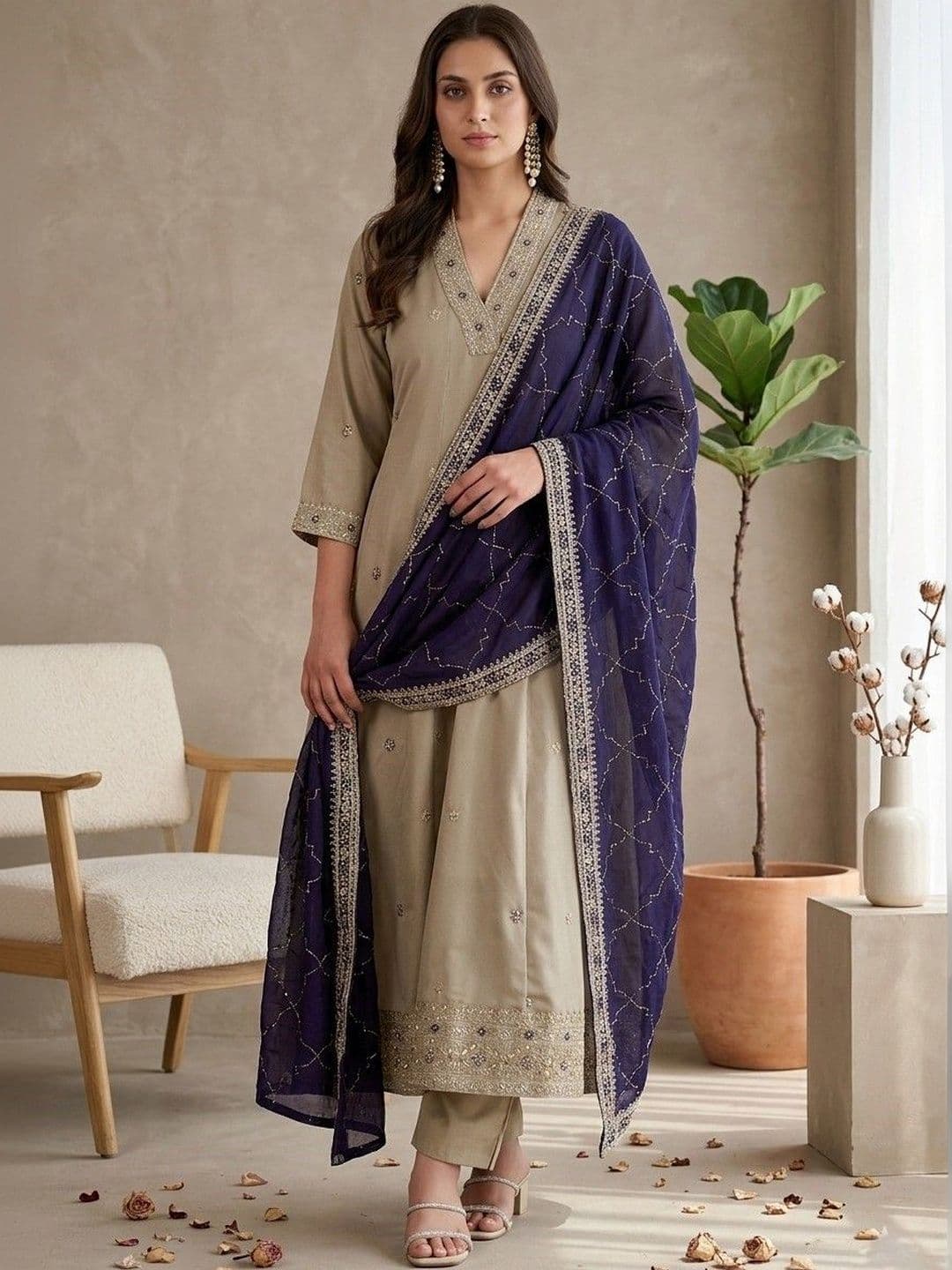 HERE&NOW Women Ethnic Motifs Embroidered Regular Sequinned Kurta with Trousers & With Dupatta - view 1