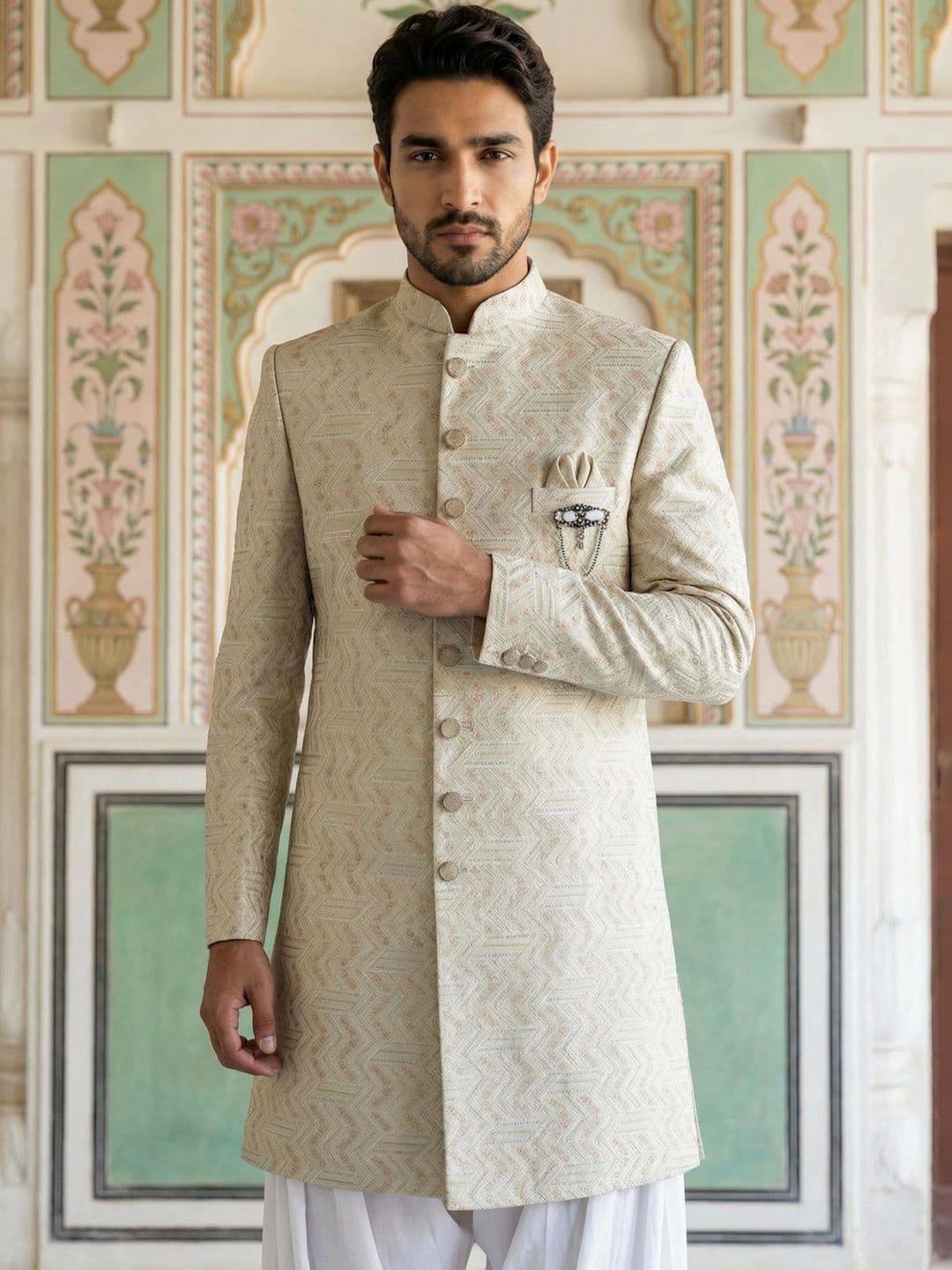 Jompers Embroidered Mandarin Collar Sherwani