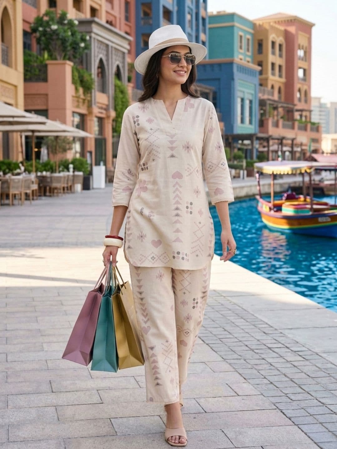 KALINI Women Pink Geometric Printed Pure Cotton Ethnic Co-ord Set - view 1