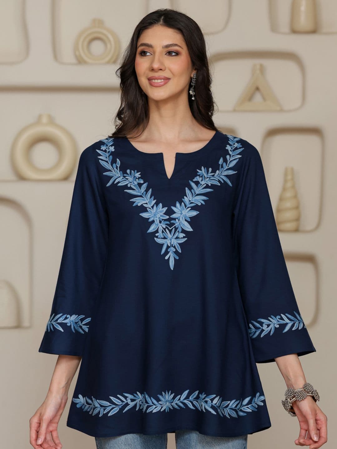 QAZMI Women Kashmiri Aari Embroidered A-Line Short Kurti with Bell Sleeves - view 1