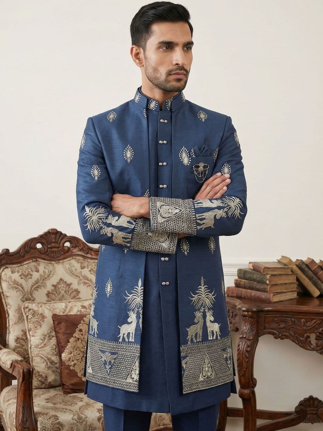 Jompers Embroidered Mandarin Collar Sherwani