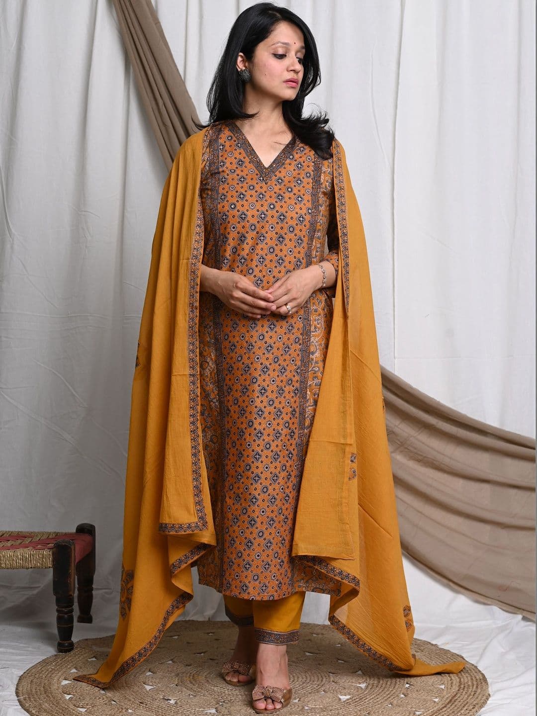 Dholkee Women Printed Regular Sequinned Pure Cotton Kurta with Salwar & With Dupatta - view 1