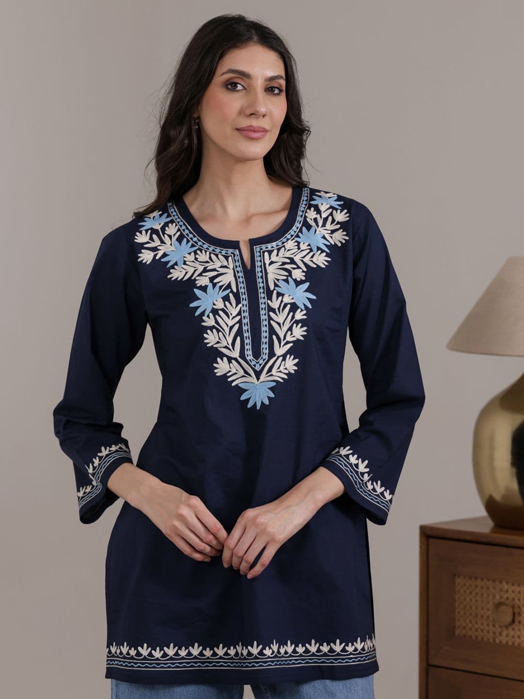 QAZMI Women Aari Embroidered Pure Cotton Short Kurta with Full Sleeves - view 1