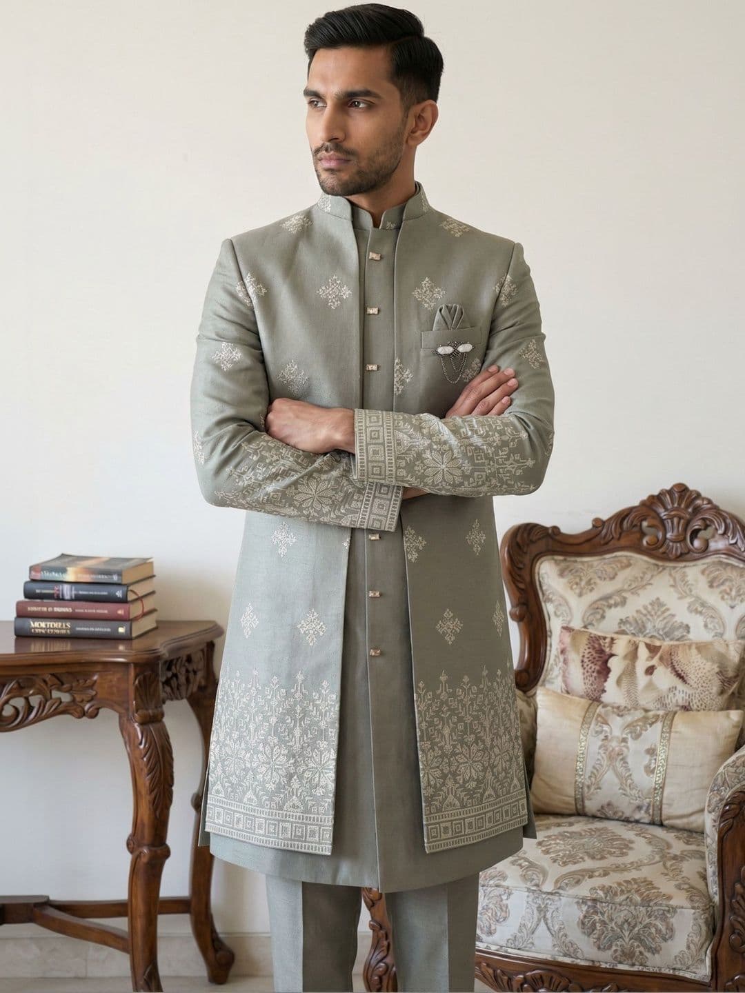 Jompers Self Design Mandarin Collar Sherwani