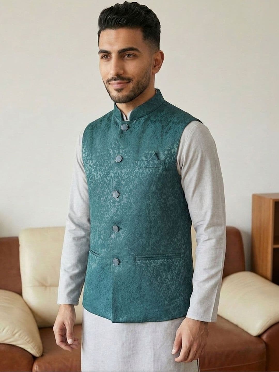 HERE&NOW Self-Design Woven Nehru Jackets - view 1