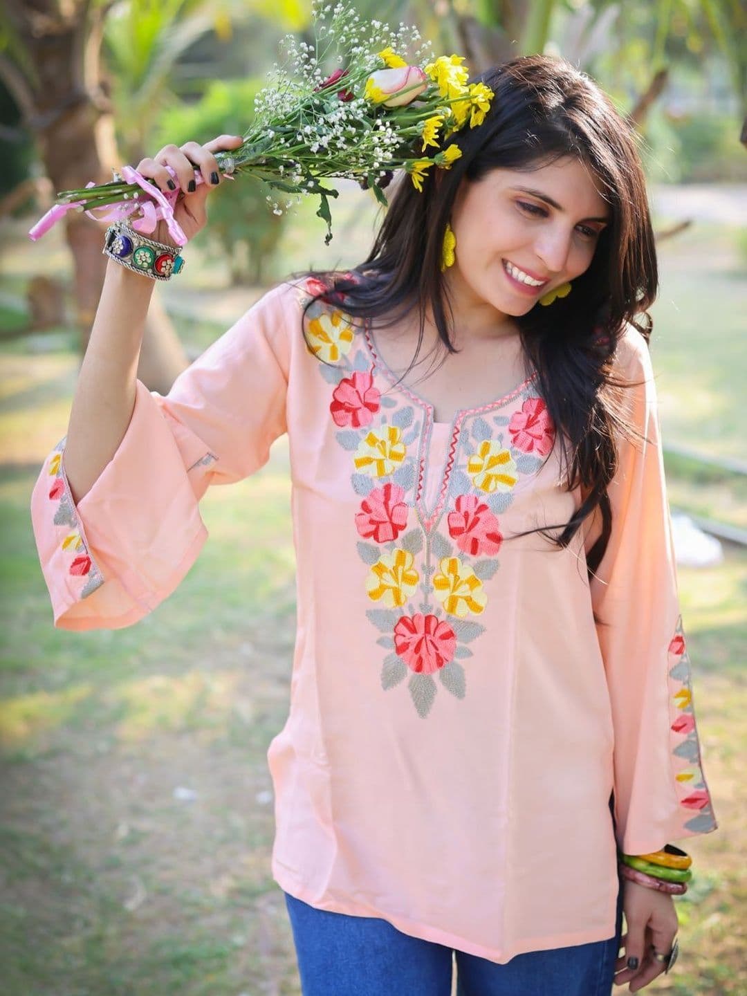 Youthnic Women Viscose Rayon Yoke Embroidery Straight Short Kurti - view 1