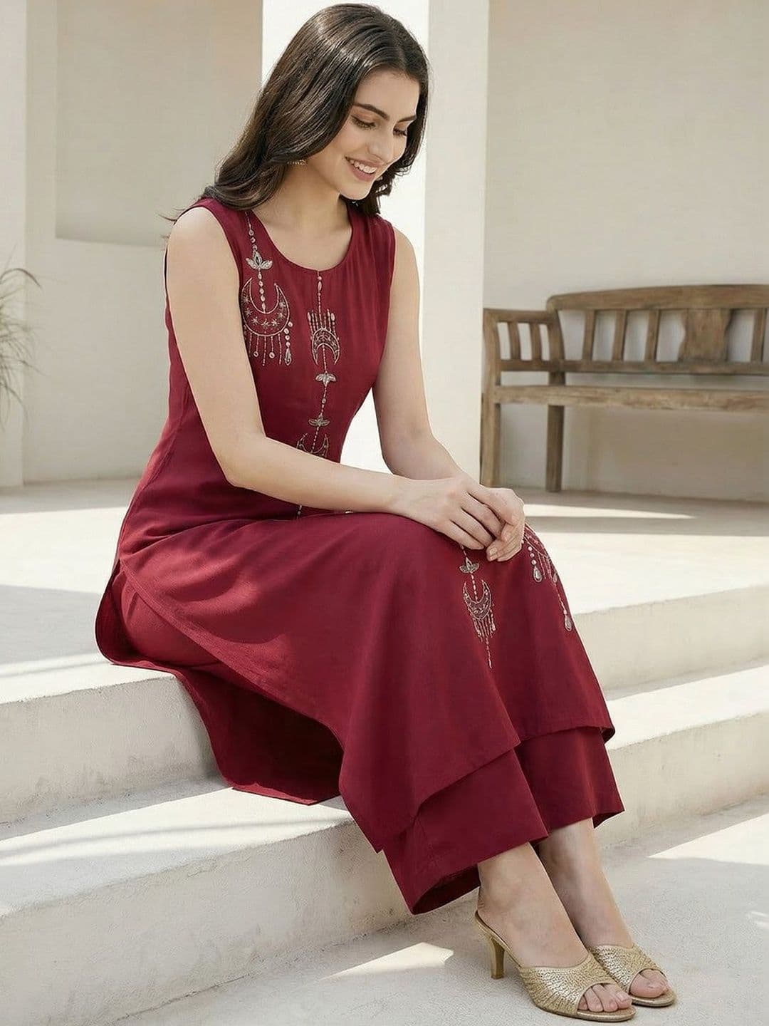 Indo Era Women Ethnic Motifs Embroidered Regular Thread Work Pure Cotton Kurta with Palazzos - view 1