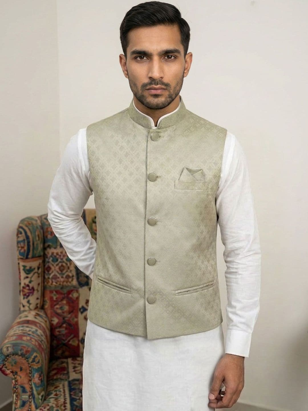 HERE&NOW Men Geometric Woven Design Nehru Jackets - view 1