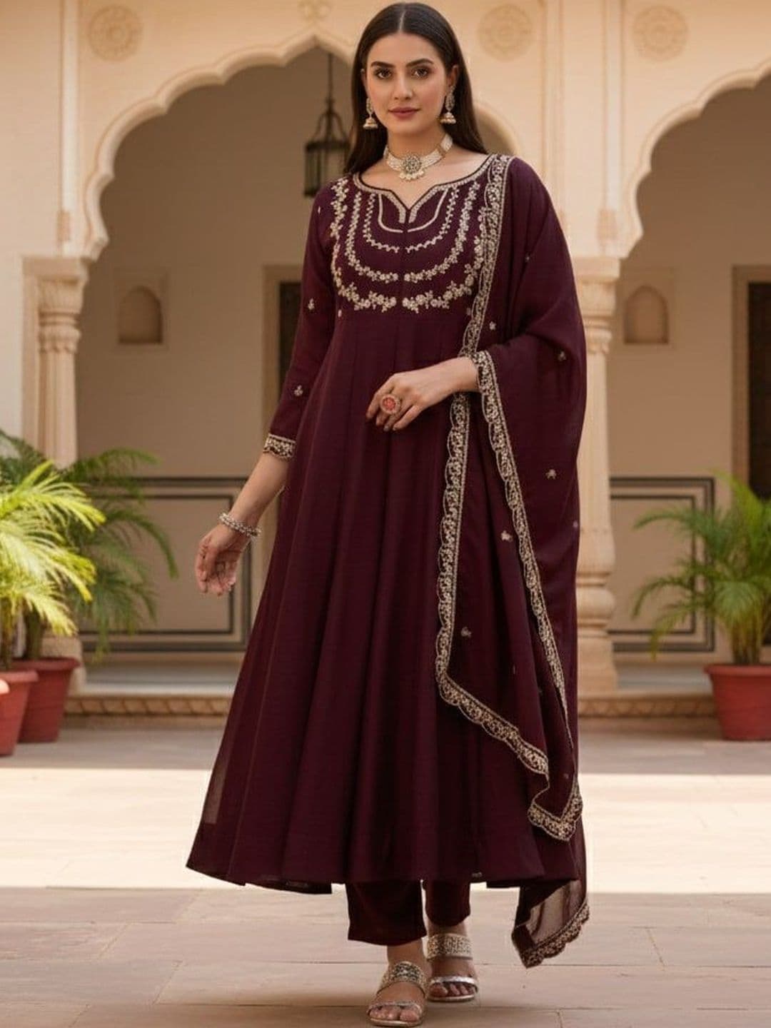 HERE&NOW Women Ethnic Motifs Embroidered Regular Sequinned Kurta with Trousers & With Dupatta - view 1