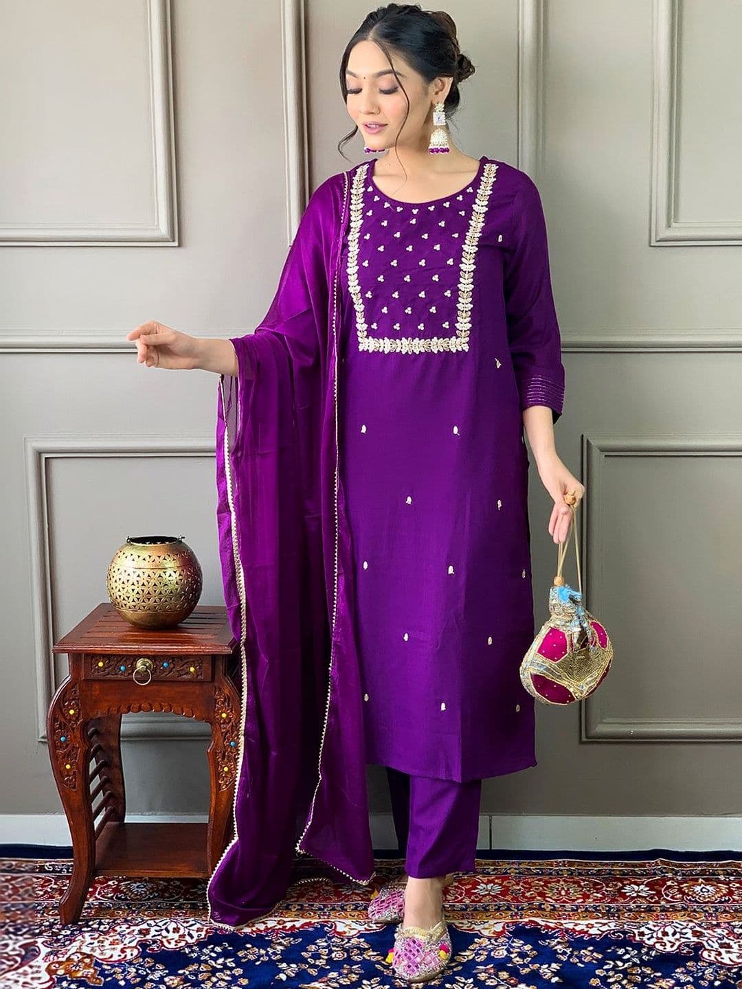 HERE&NOW Women Embroidered Regular Kurta with Trousers & With Dupatta - view 1