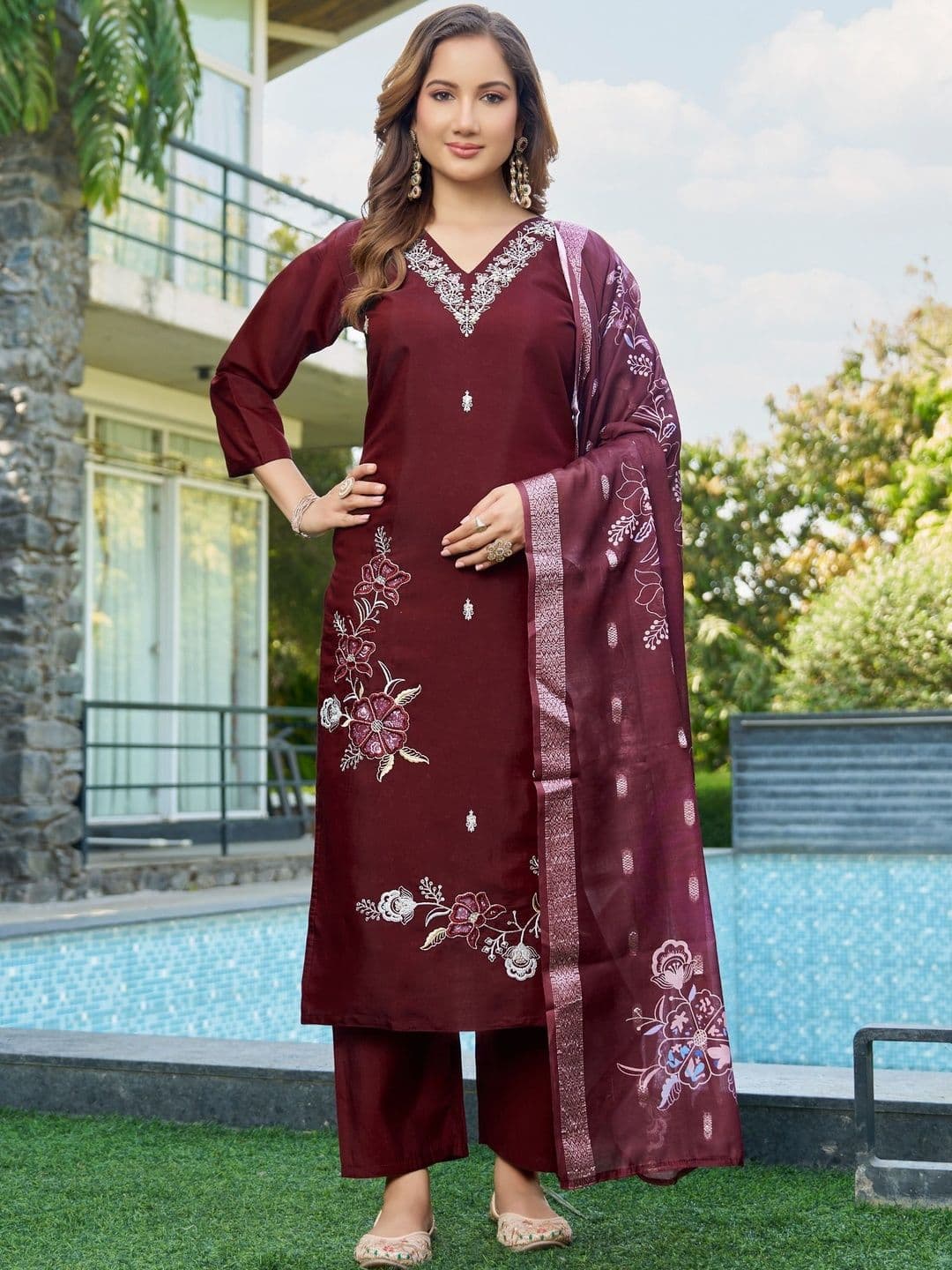 Sangria Embroidered V-Neck Kurta & Trousers With Dupatta - view 1