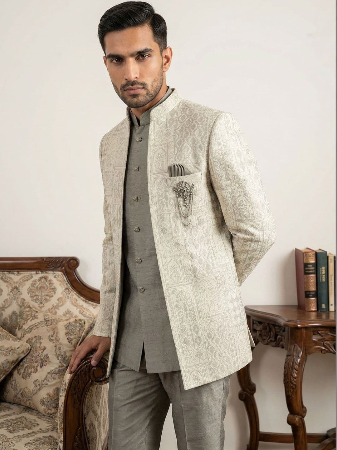 Jompers Self Design Mandarin Collar Sherwani