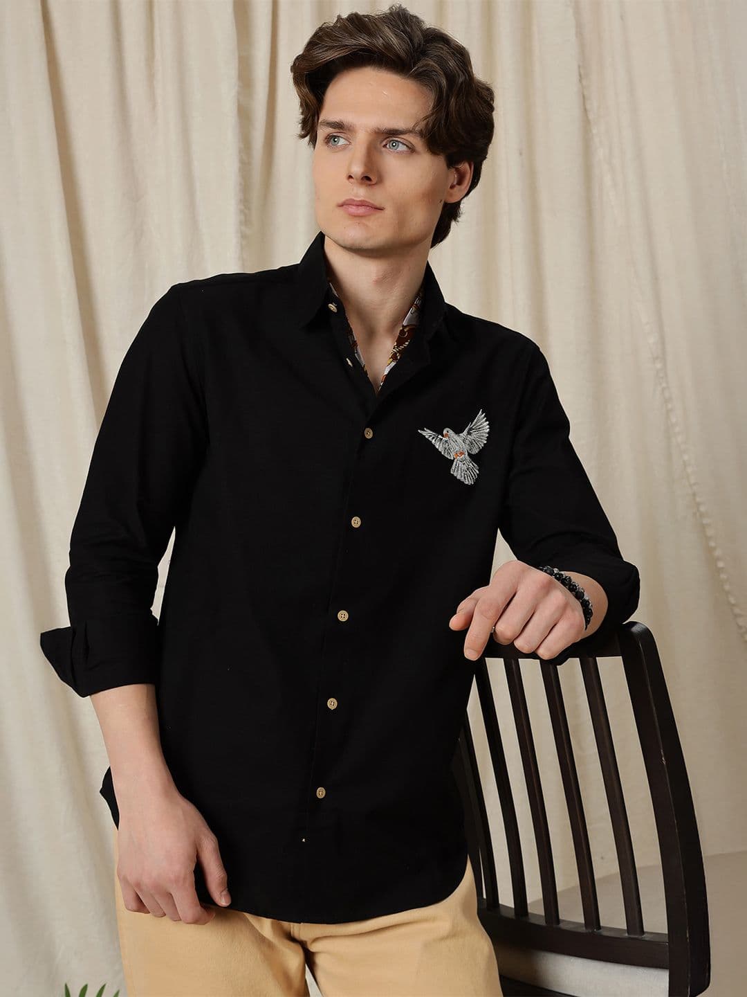 Eszett Dove Embroidery Self Design Cotton Long Sleeves Shirt - view 1