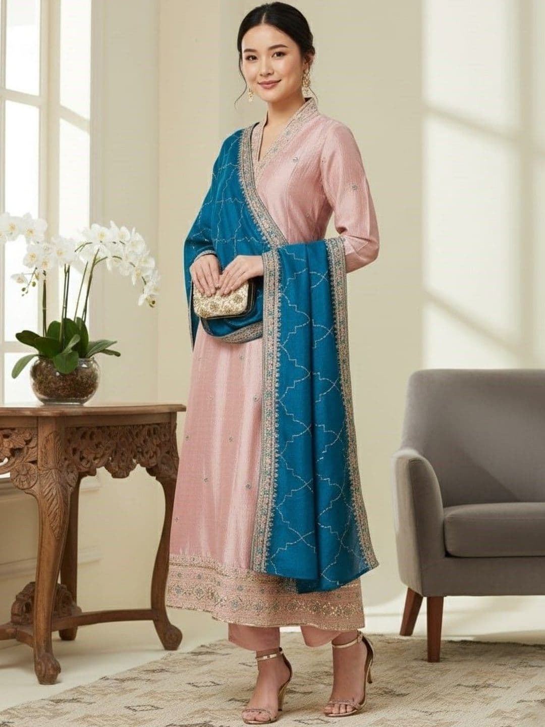 HERE&NOW Women Ethnic Motifs Embroidered Regular Sequinned Kurta with Trousers & With Dupatta - view 1