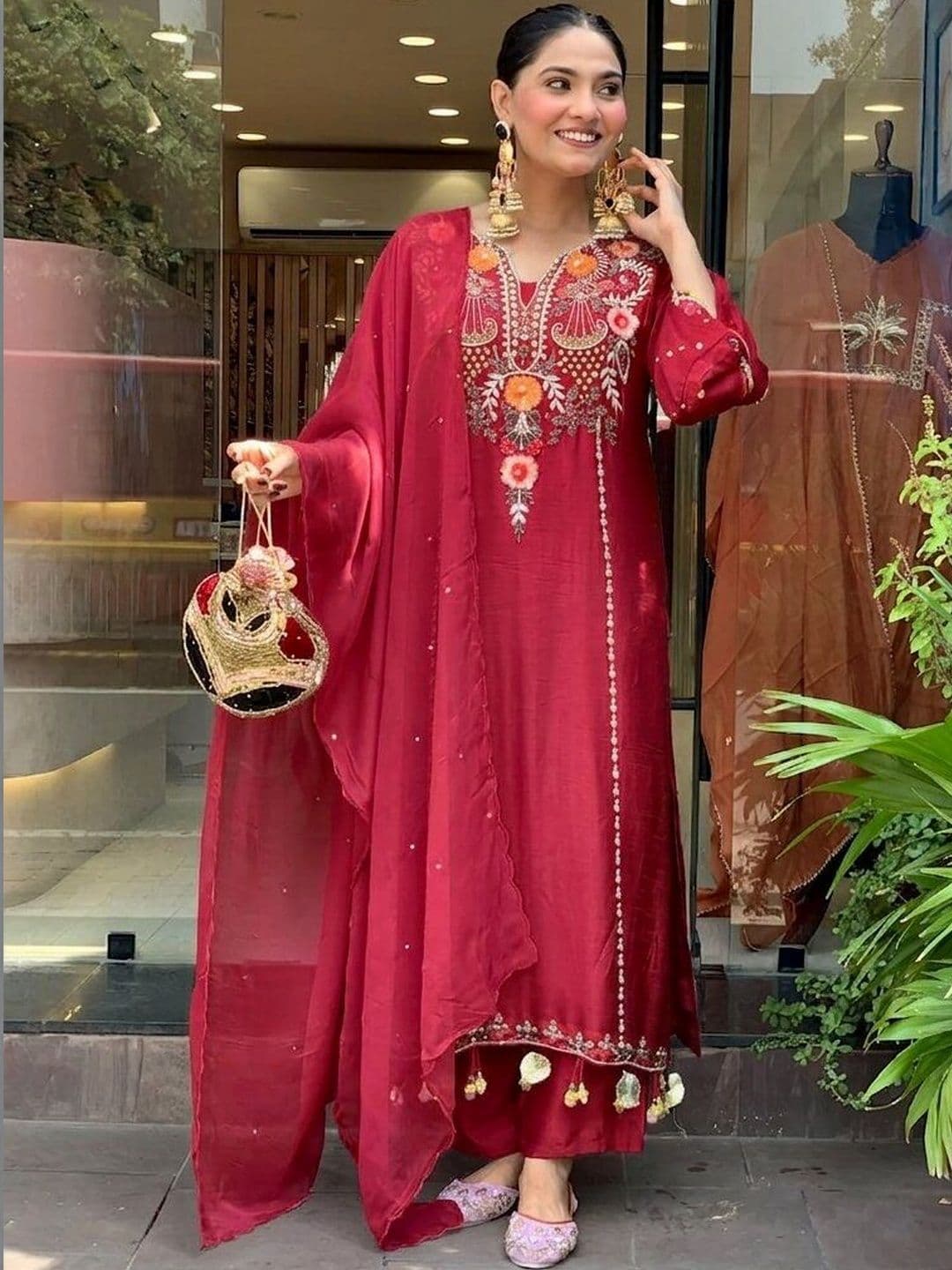 KALINI Women Floral Embroidered Regular Thread Work Chanderi Silk Kurta with Trousers & With Dupatta - view 1
