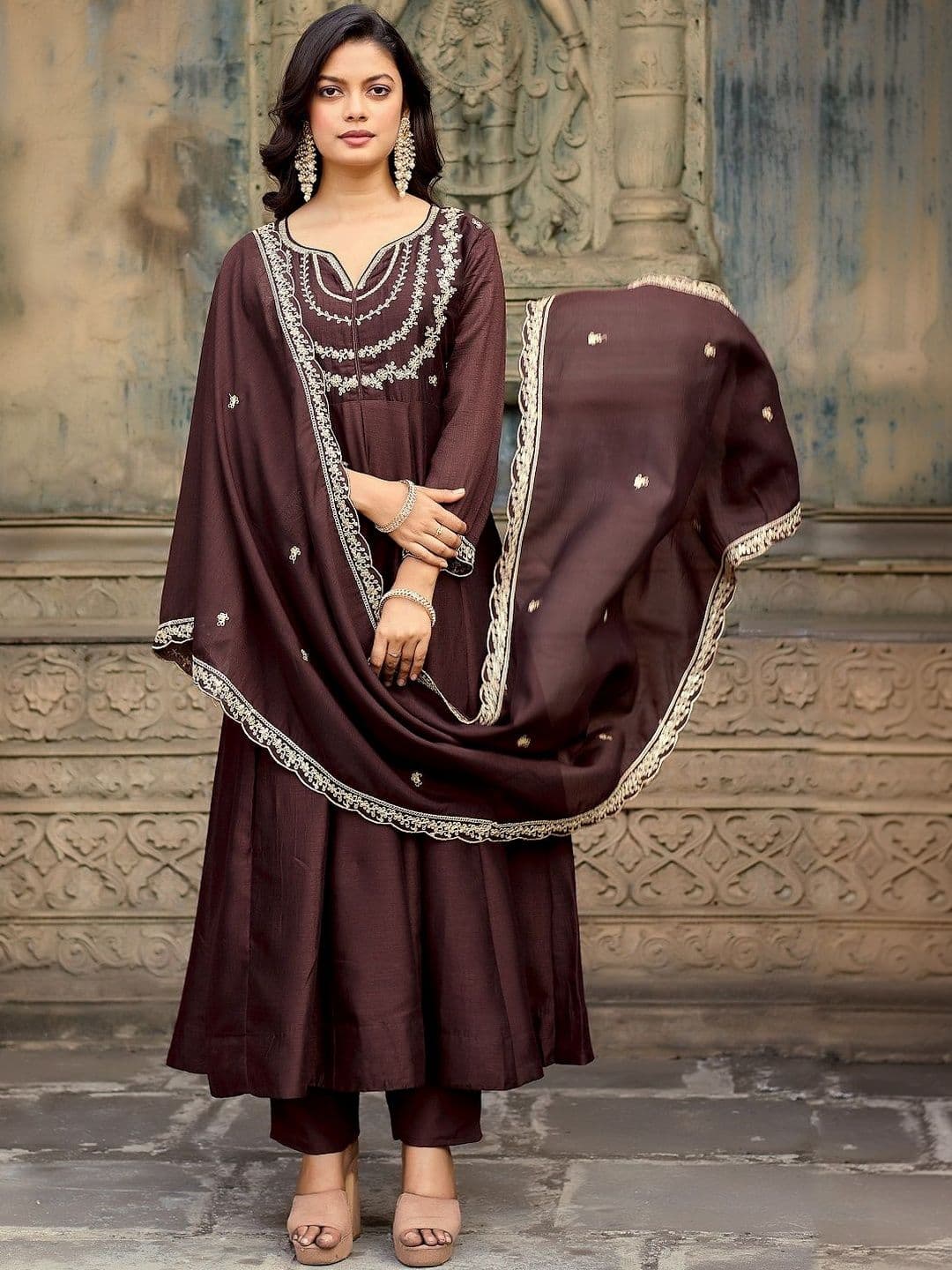 HERE&NOW Women Ethnic Motifs Embroidered Regular Sequinned Kurta with Trousers & With Dupatta - view 1