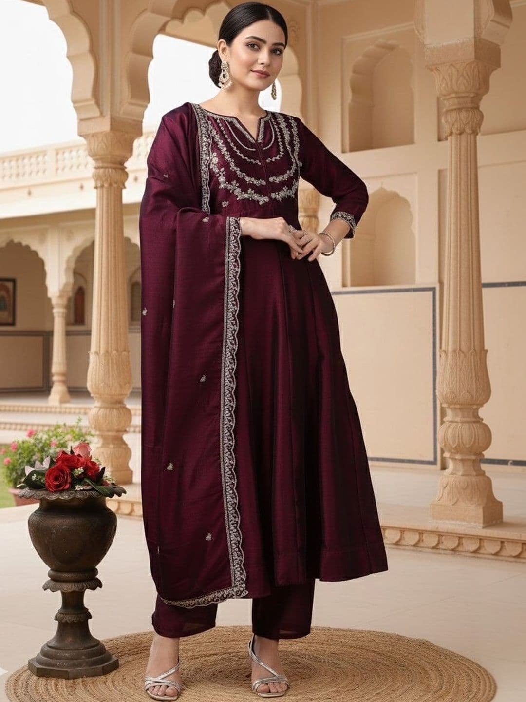 HERE&NOW Women Ethnic Motifs Embroidered Regular Sequinned Kurta with Trousers & With Dupatta - view 1