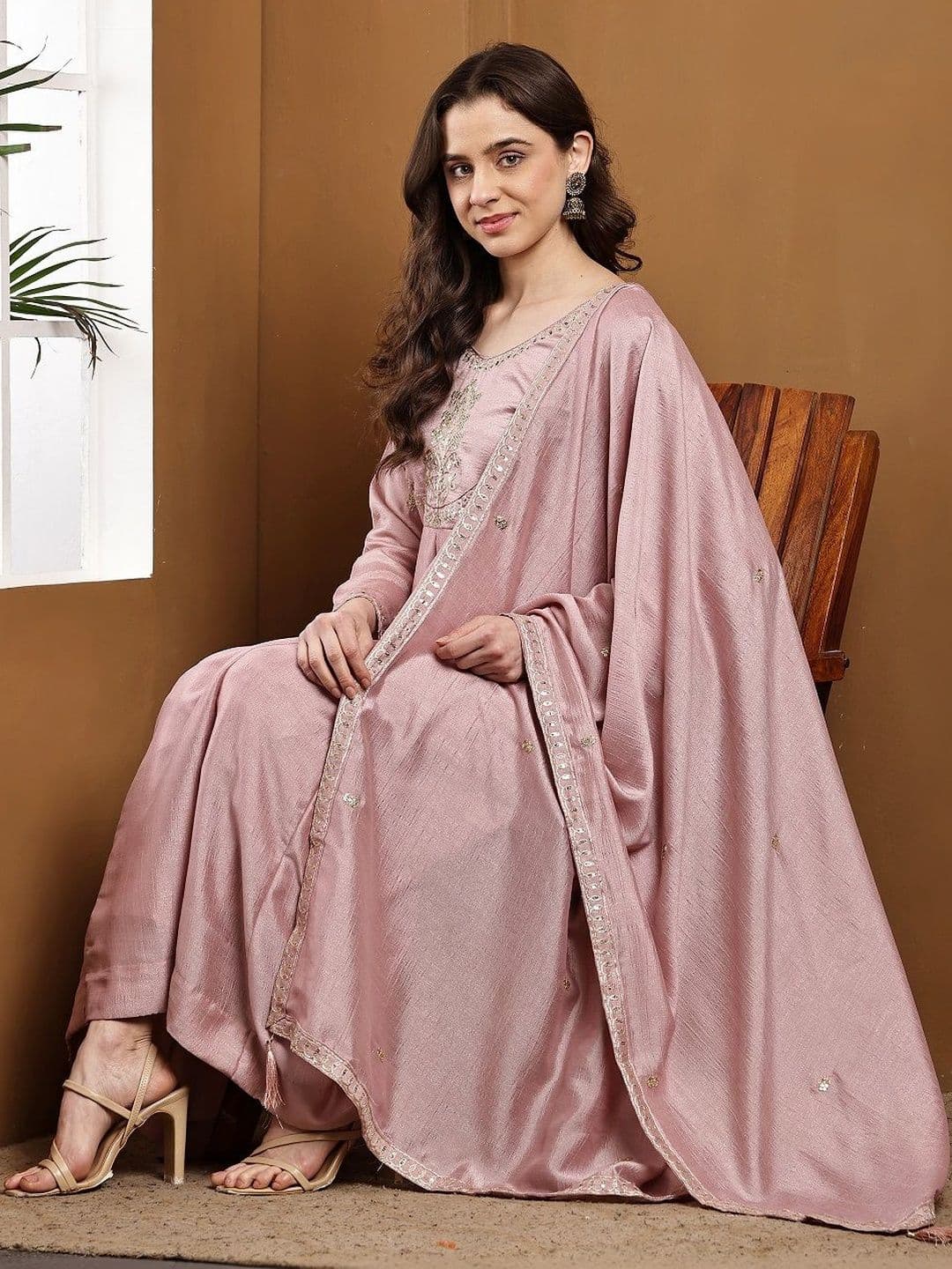 HERE&NOW Women Ethnic Motifs Embroidered Regular Sequinned Kurta with Trousers & With Dupatta - view 1