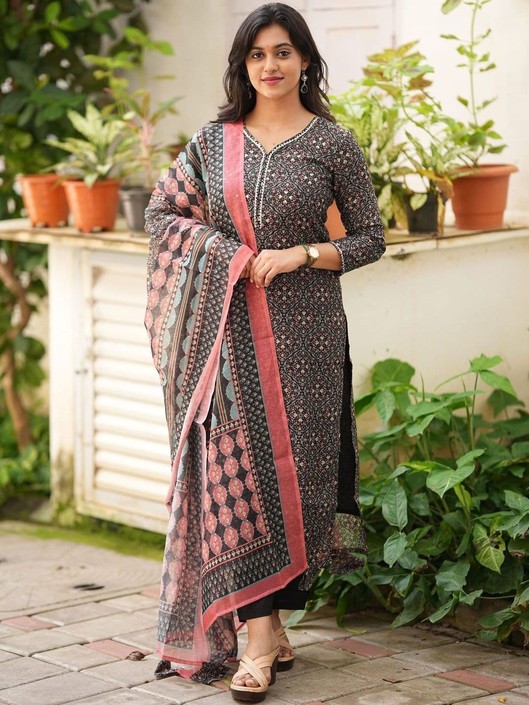 Dholkee Women Floral Printed Regular Chanderi Cotton Kurta with Salwar & With Dupatta - view 1