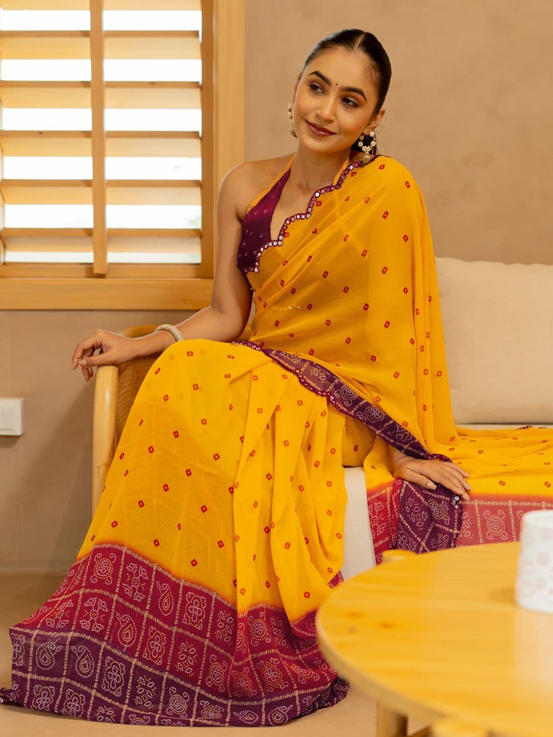 KALINI FASHION Bandhani Mirror Work Pure Georgette Bandhani Saree - view 1