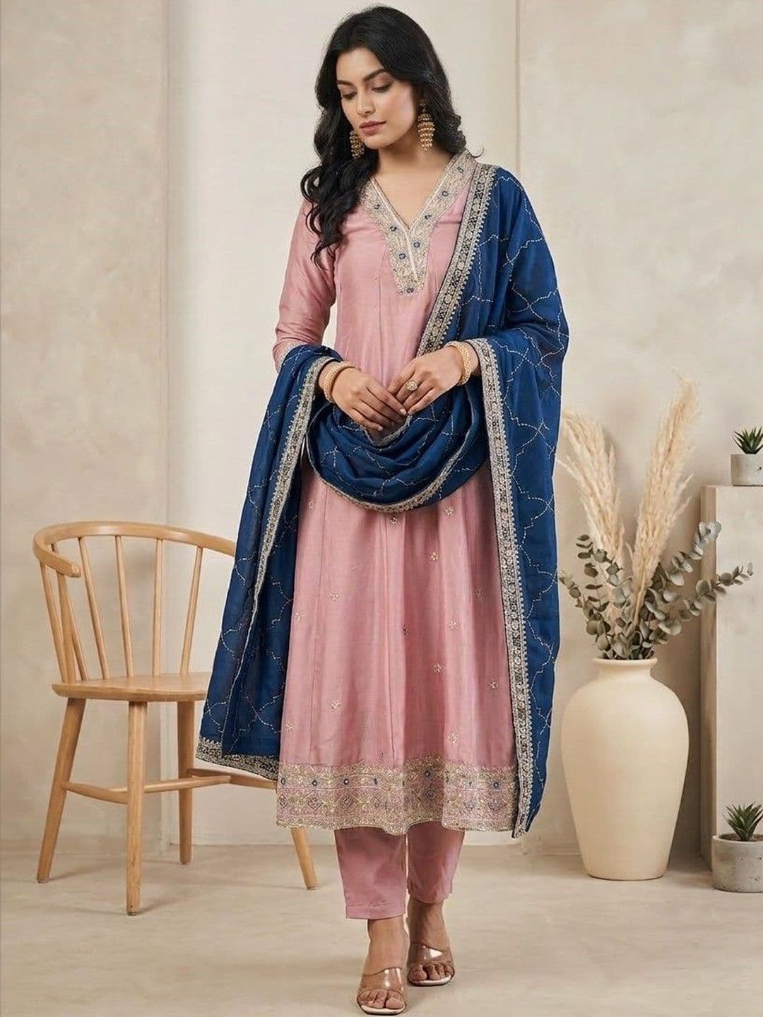 House of Pataudi Embroidered V-Neck Kurta & Trousers With Dupatta - view 1