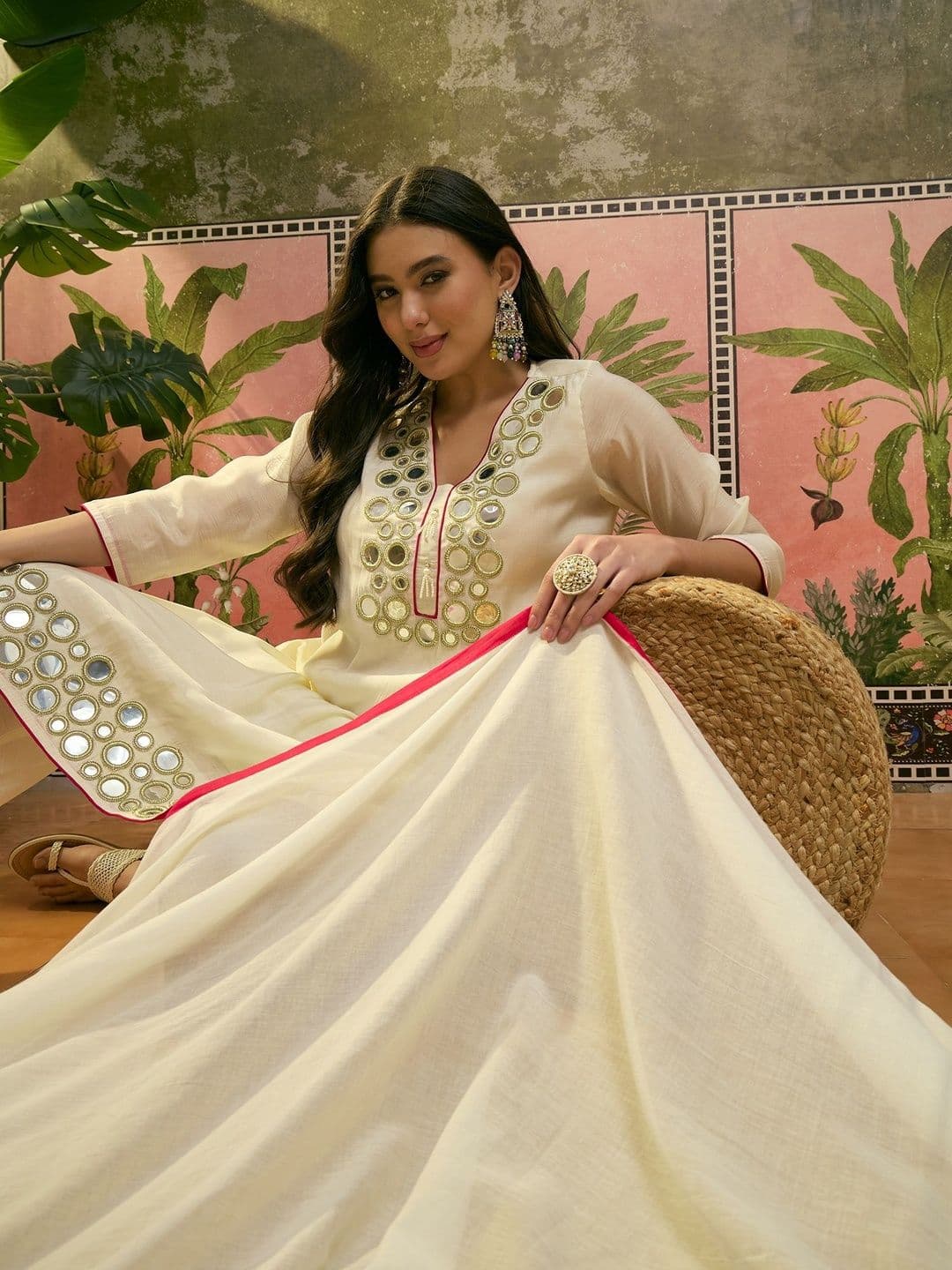 Sangria Embroidered Pure Cotton Round Neck Kurta & Trousers With Dupatta - view 1