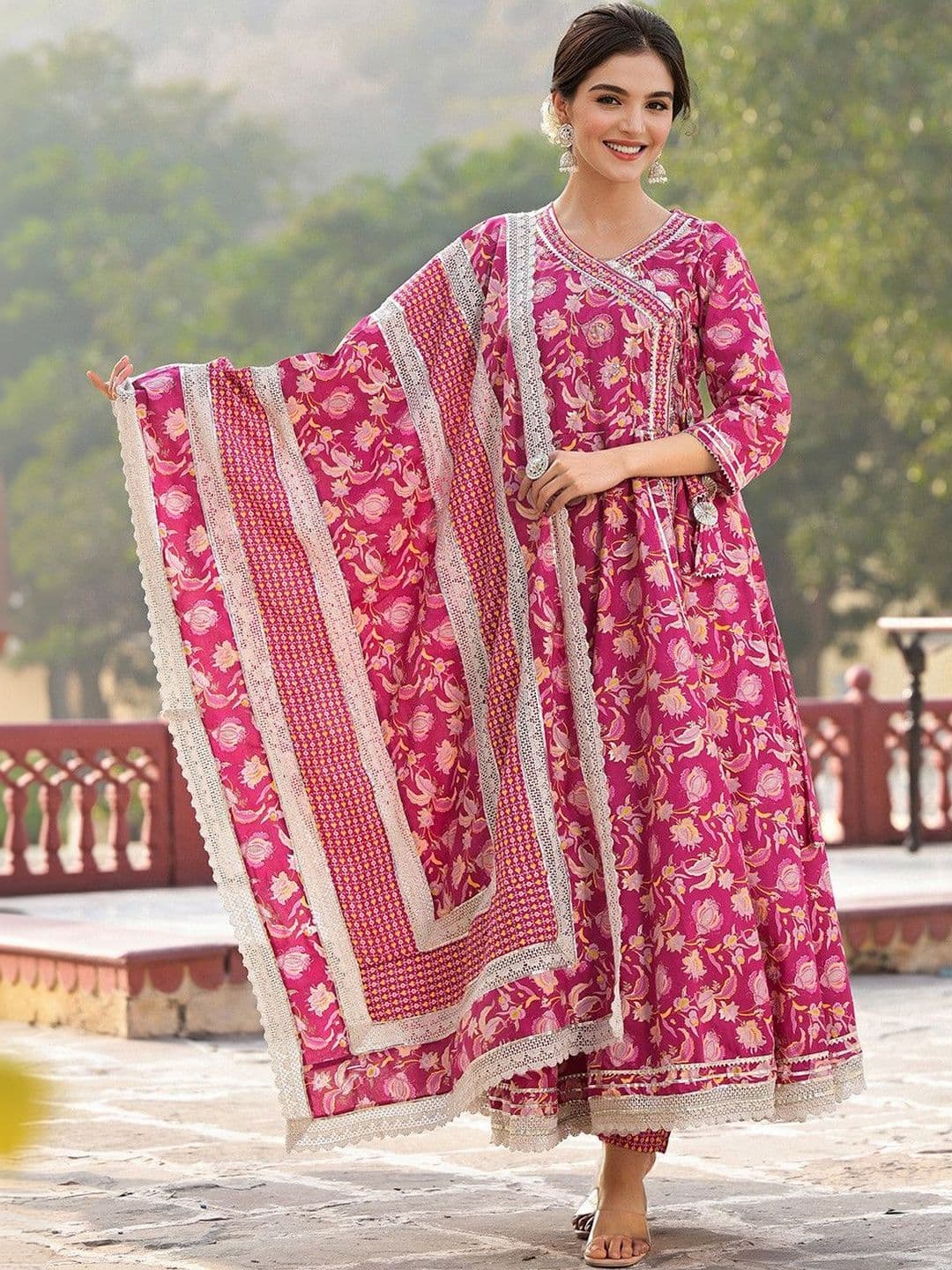 Sangria Printed Pure Cotton V-Neck Kurta & Trousers With Dupatta - view 1