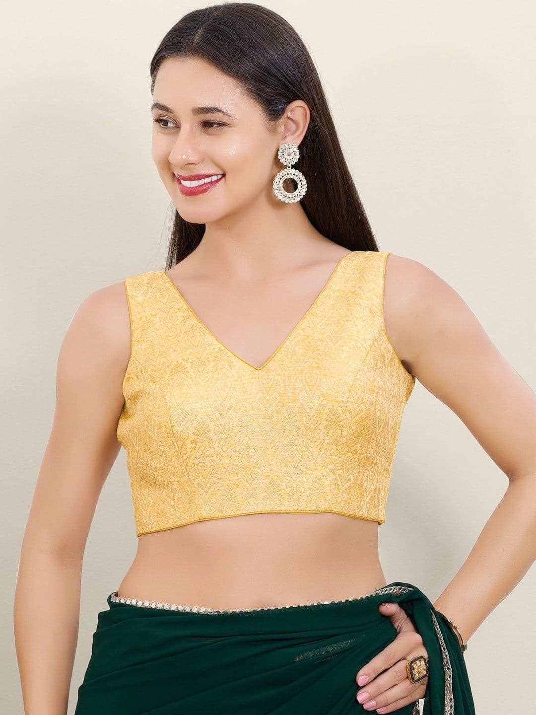 VAMAS - THE DESIGNER BLOUSES Yellow Gold Brocade Sleeveless Padded Readymade Blouse - view 1
