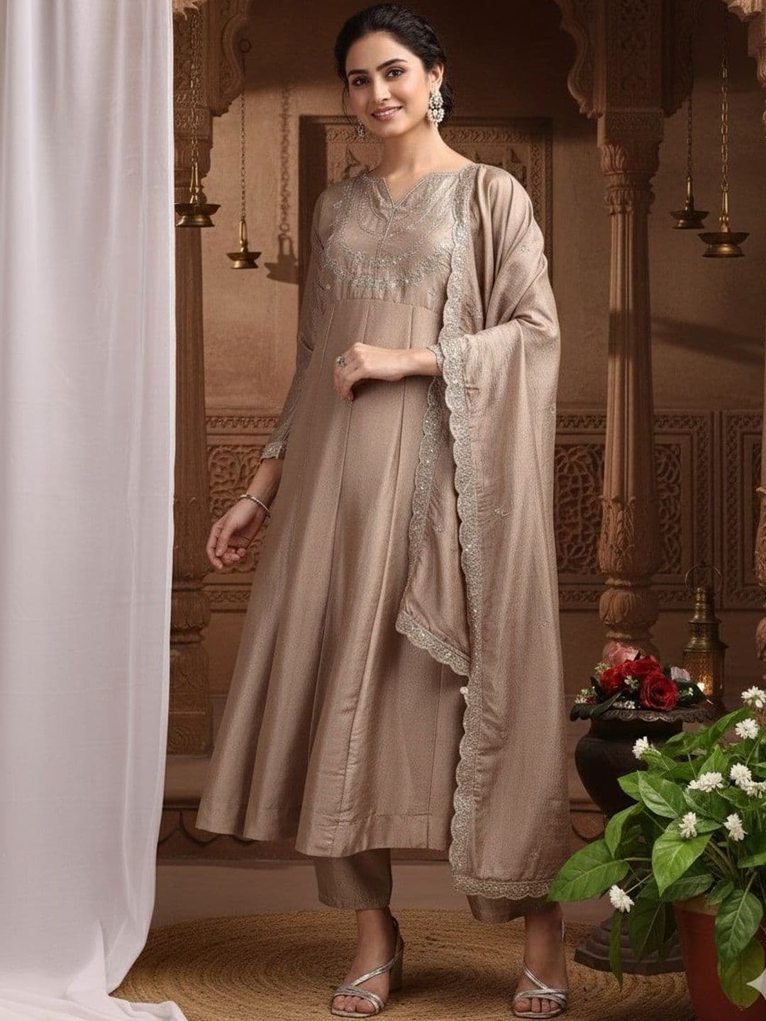 House of Pataudi Embroidered V-Neck Kurta & Trousers With Dupatta - view 1