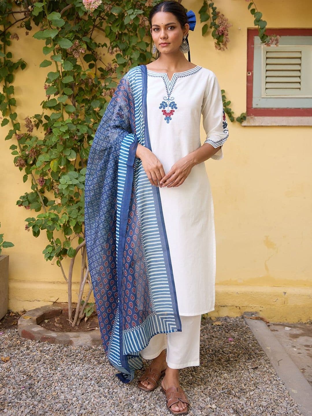 anayna Women Embroidered Regular Thread Work Pure Cotton Kurta with Trousers & With Dupatta - view 1