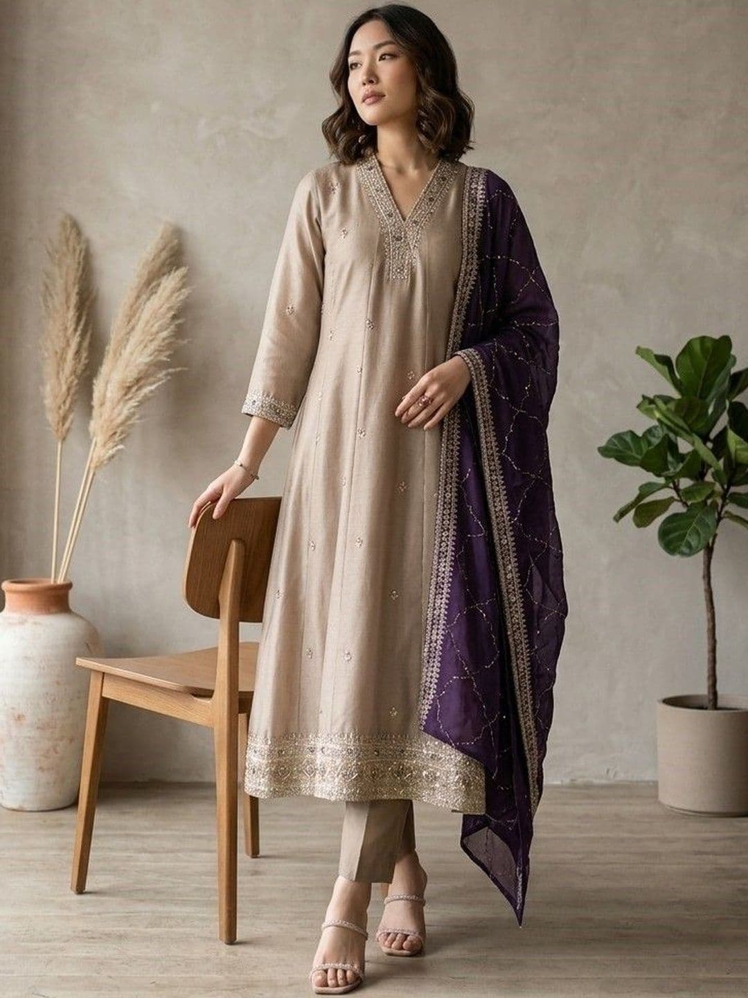 House of Pataudi Embroidered V-Neck Kurta & Trousers With Dupatta - view 1
