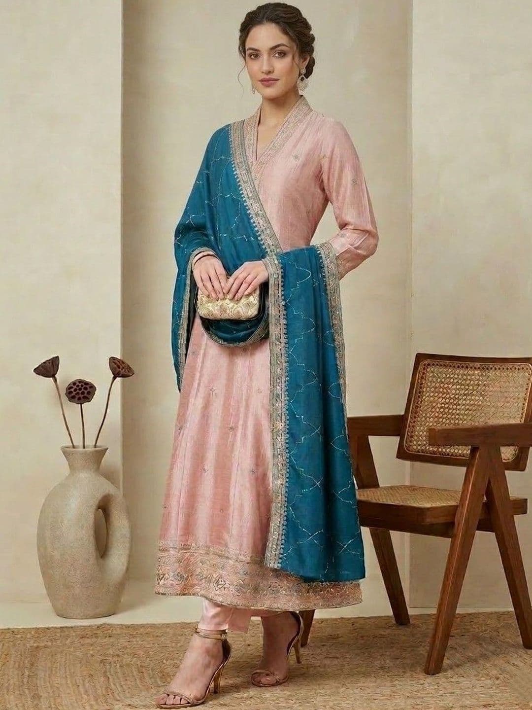 House of Pataudi Embroidered V-Neck Kurta & Trousers With Dupatta - view 1