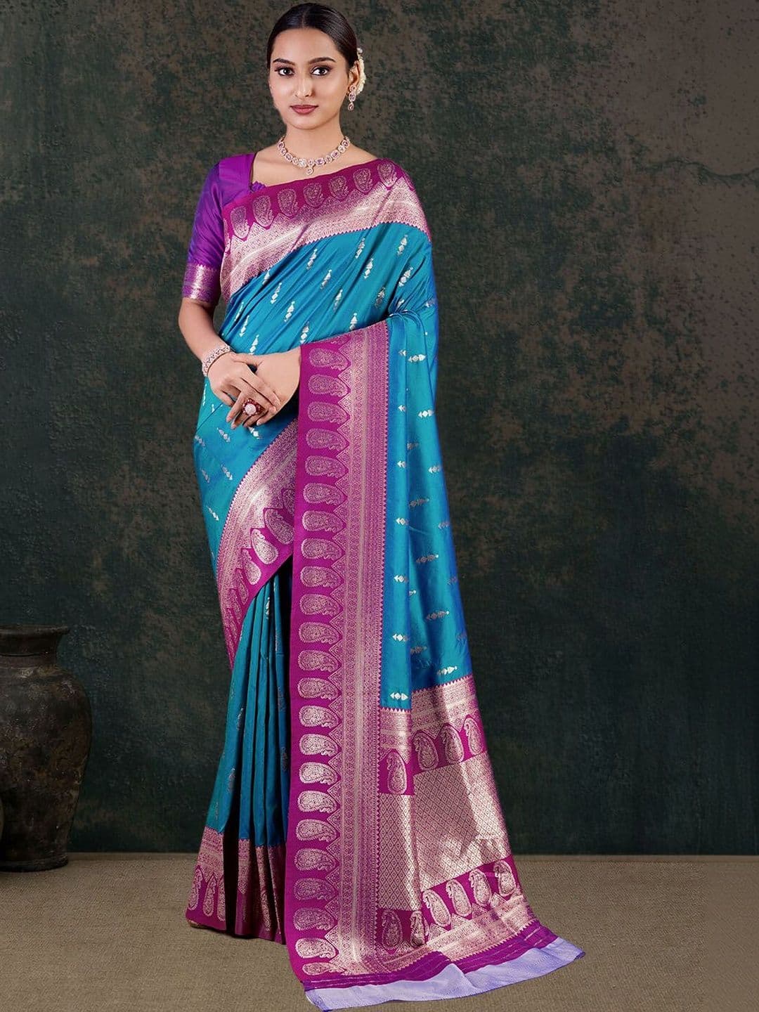 House of Pataudi Teal Blue Silk Blend Women Gold Woven Butta Zari Border Sarees - view 1