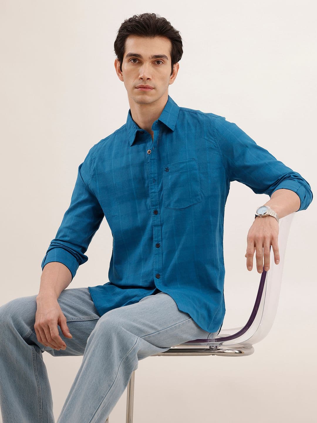 WROGN Men Teal Blue Slim Fit Textured Casual Shirt - view 1