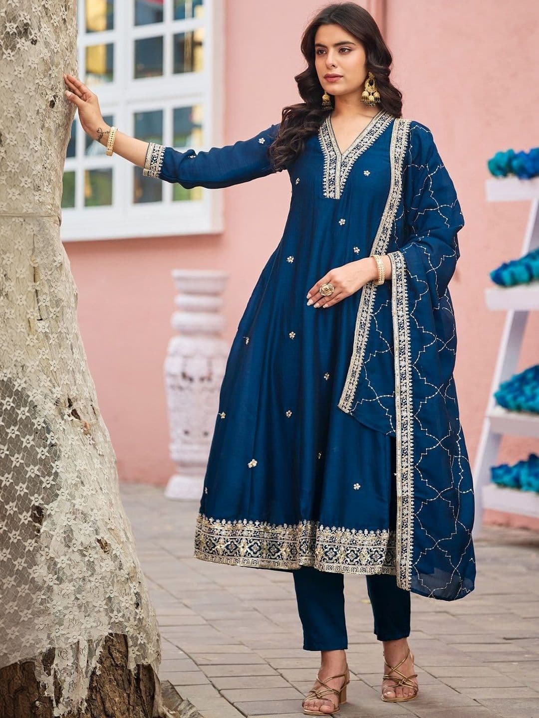 SOURAGYA Women Ethnic Motifs Embroidered Regular Sequinned Kurta with Trousers & With Dupatta - view 1