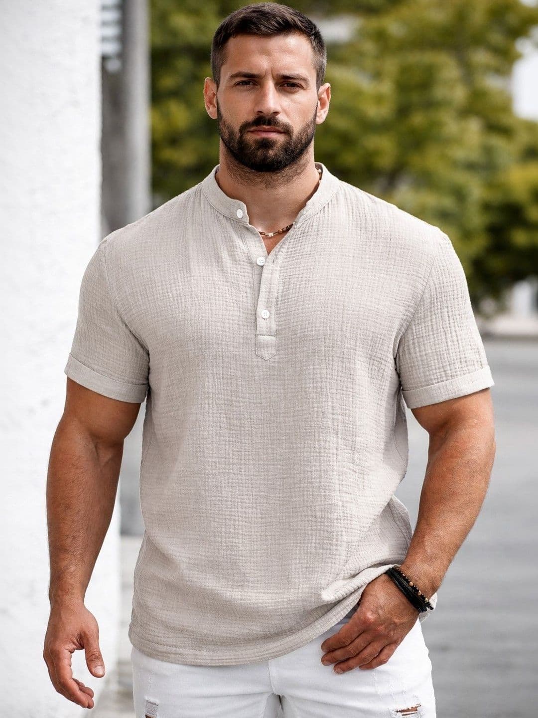 Zombom Men Mandarin Collar Roll-Up Sleeves Shirt - view 1