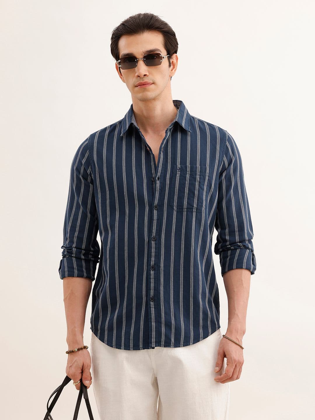 WROGN Men Navy Blue & White Pure Cotton Slim Fit Striped Casual Shirt - view 1