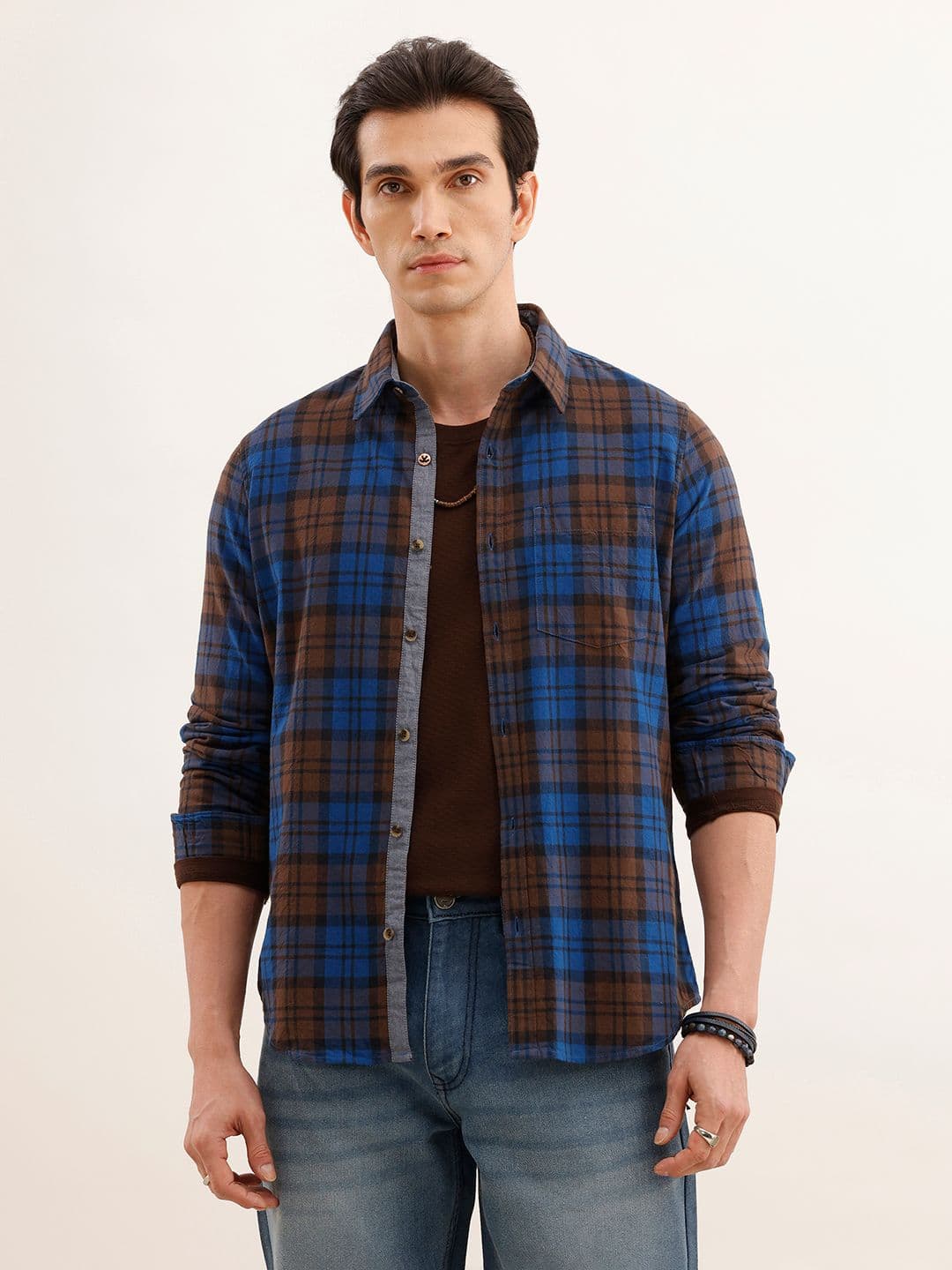 WROGN Men Blue & Brown Slim Fit Checked Casual Shirt - view 1