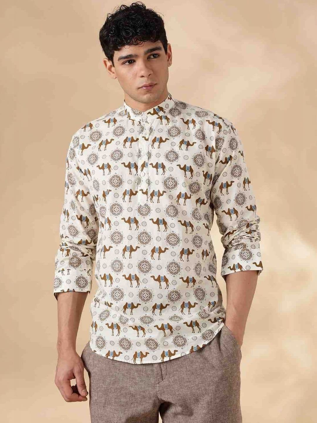 LOUIS MONARCH Ethnic Motifs Printed Band Collar Roll-Up Sleeves Pure Cotton Short Kurta - view 1