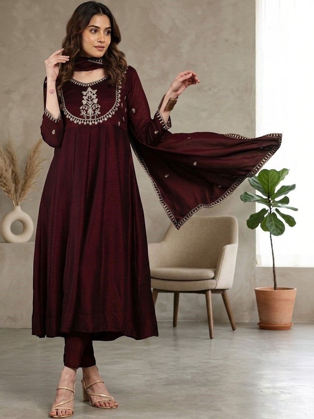 SOURAGYA Women Ethnic Motifs Embroidered Regular Sequinned Kurta with Trousers & With Dupatta - view 1
