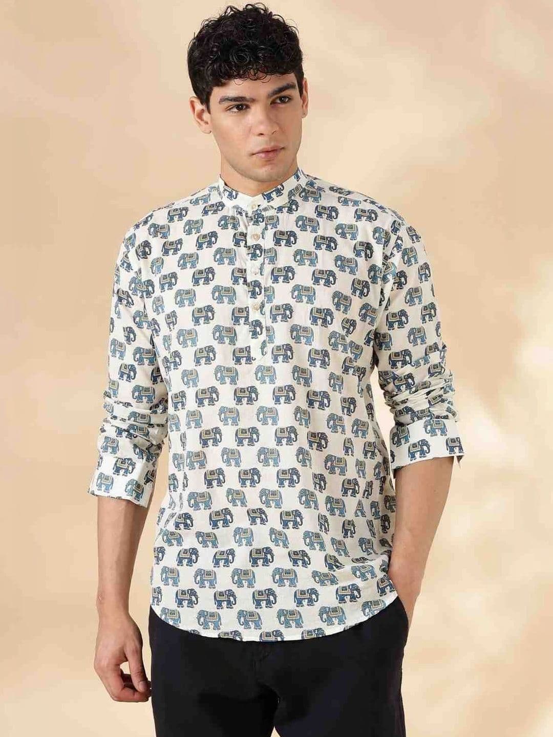 LOUIS MONARCH Ethnic Motifs Printed Band Collar Roll-Up Sleeves Pure Cotton Straight Kurta - view 1