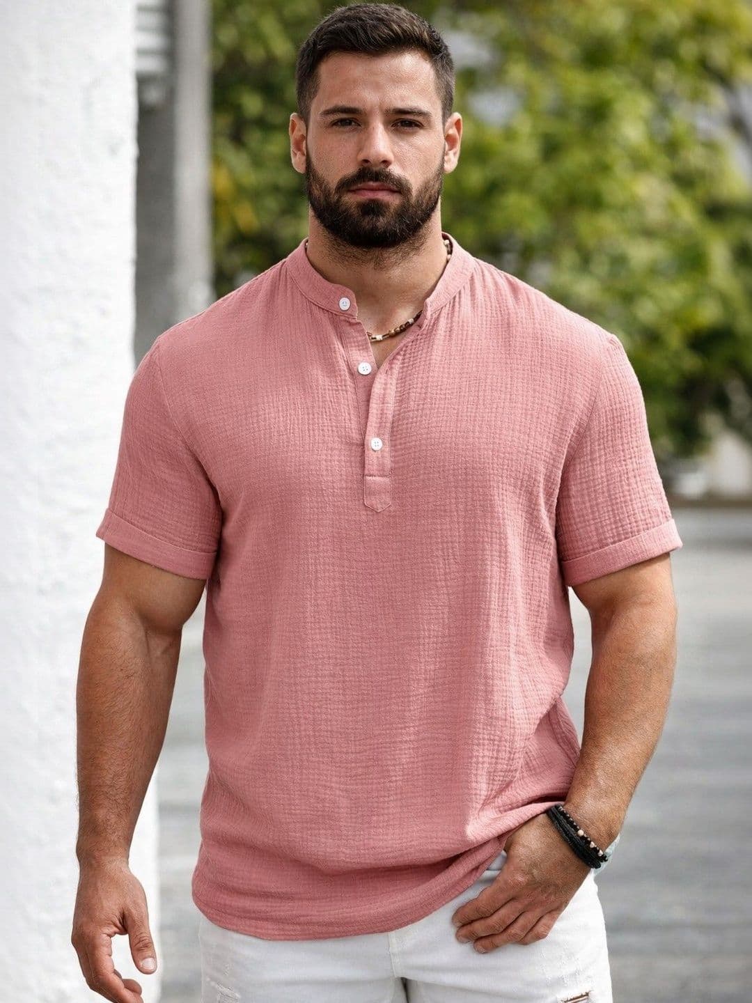 Zombom Men Mandarin Collar Roll-Up Sleeves Shirt - view 1
