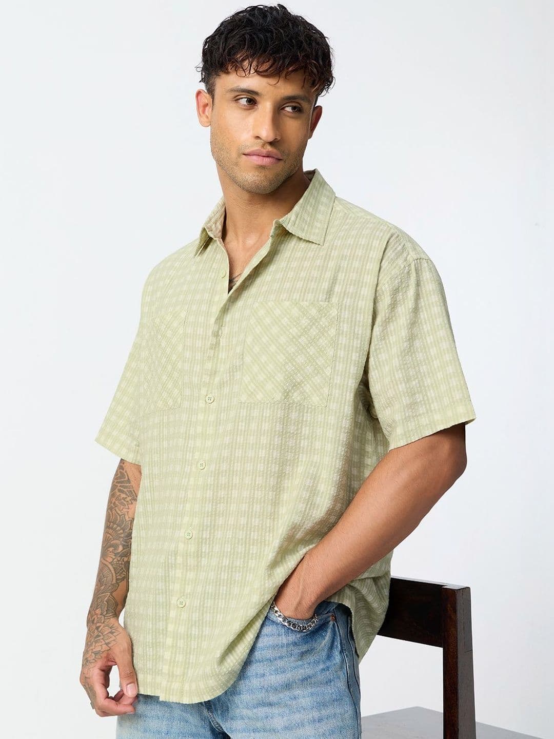The Souled Store Mens Checked Green Oversized Fit Textured Shirts - view 1